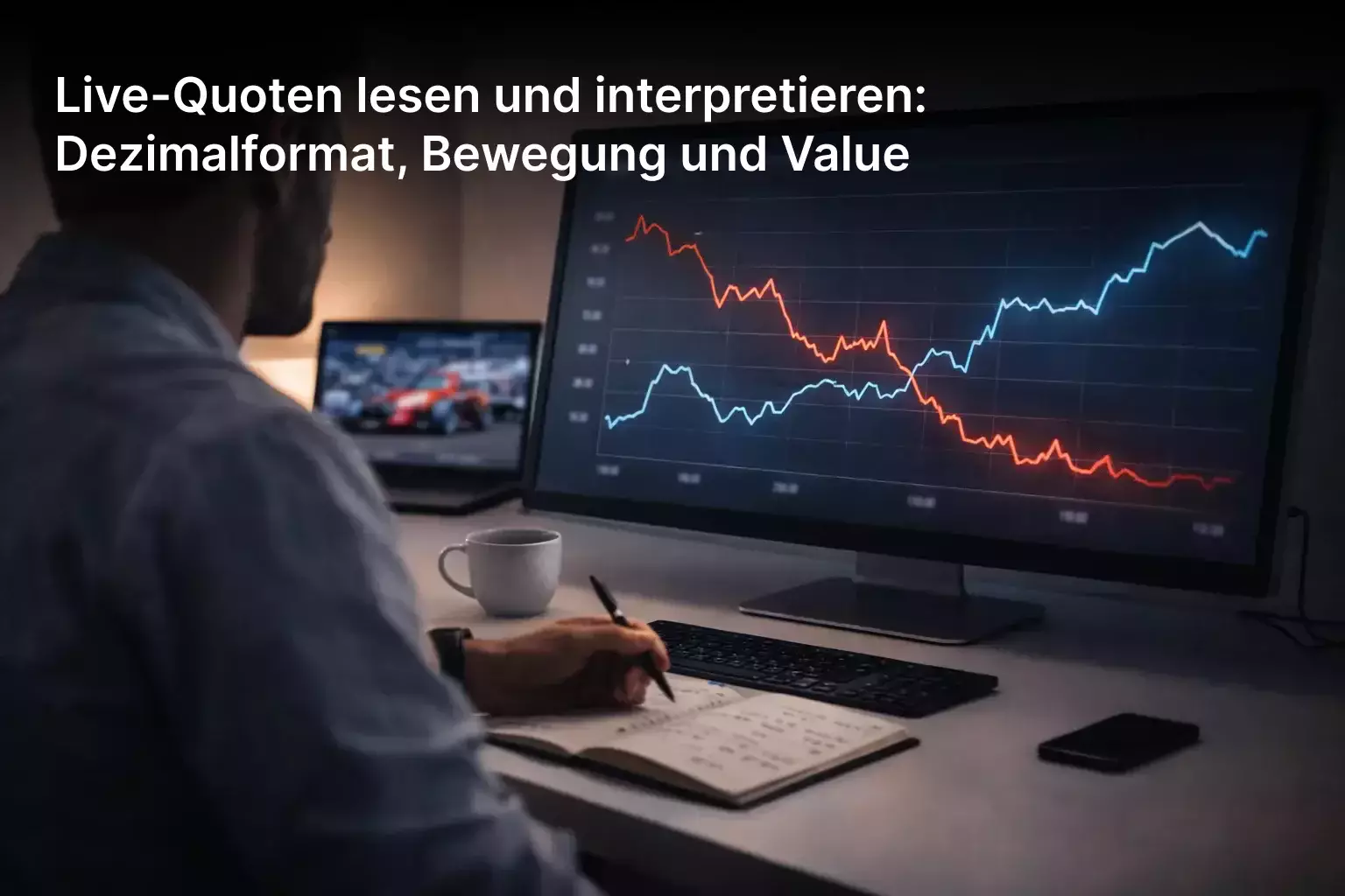 Analyst bewertet Formel-1-Wettquoten am Bildschirm mit Datenvisualisierung