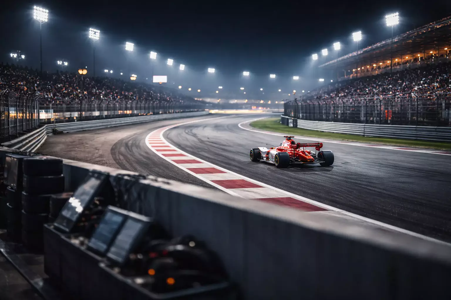 Formel-1-Rennstrecke bei Nacht mit beleuchteter Boxengasse und Flutlicht